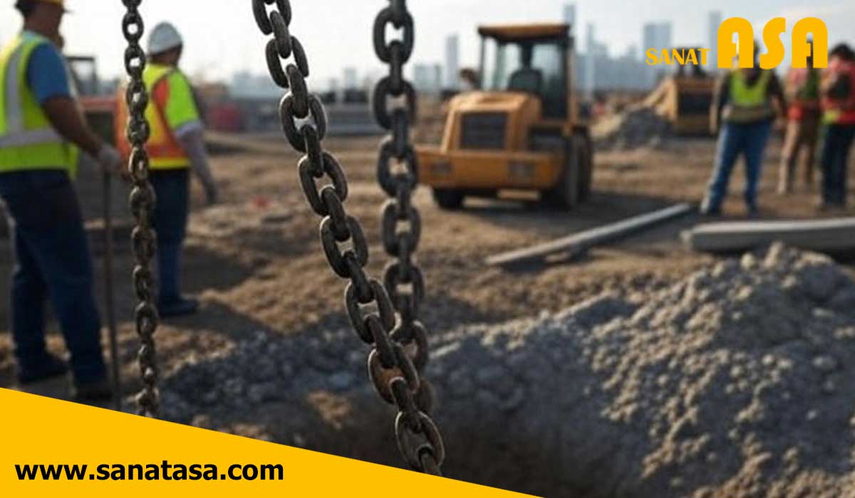 زنجیر صنعتی در کارگاه راهسازی با ماشین‌آلات و کارگران.
