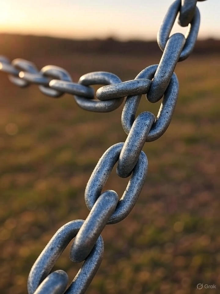 نمای نزدیک از زنجیر گالوانیزه صنعتی در فضای باز با پس‌زمینه محو و نور طبیعی غروب خورشید