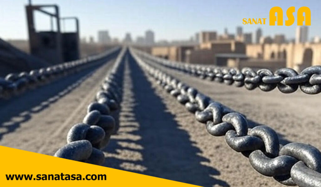 زنجیرهای صنعتی ردیفشده روی زمین در محوطهای صنعتی با نمایی از شهر اصفهان در پسزمینه، لوگوی برند صنعت آسا