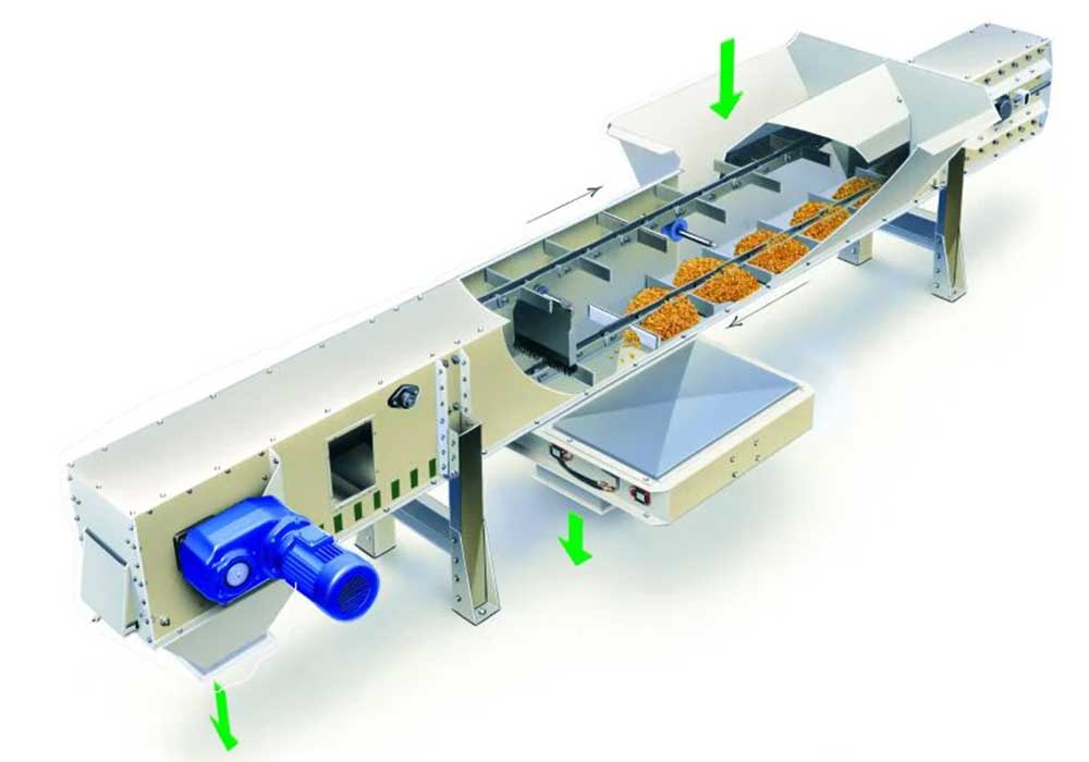 کانوایر زنجیری صنعتی با موتور گیربکس و قیف ورودی برای انتقال مواد فله در خط فرآوری