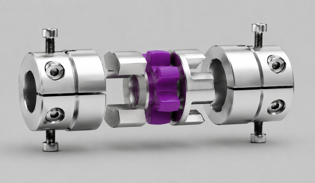 نمای انفجاری از کوپلینگ فکی با اسپایدر بنفش و هاب‌های کلمپی (Clamping Jaw Coupling)
