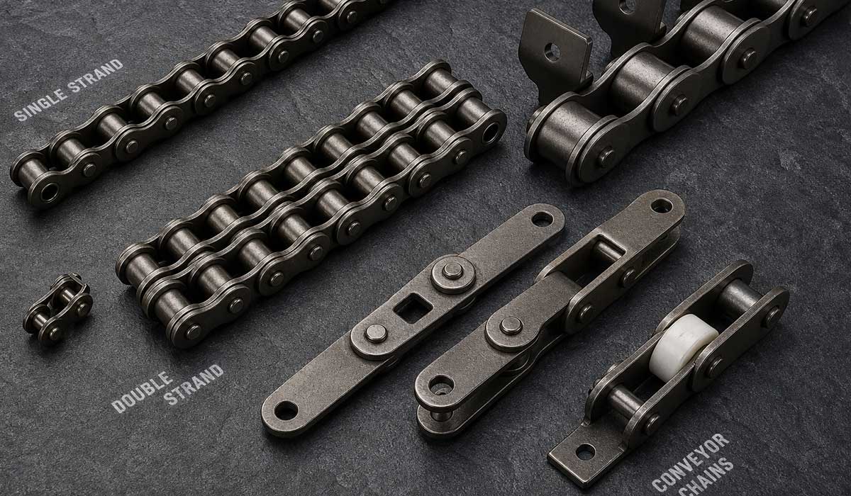 نمایش انواع زنجیر صنعتی از جمله تک ردیفه (Single Strand)، دوبل (Double Strand) و کانوایر (Conveyor Chains) با کیفیت بالا